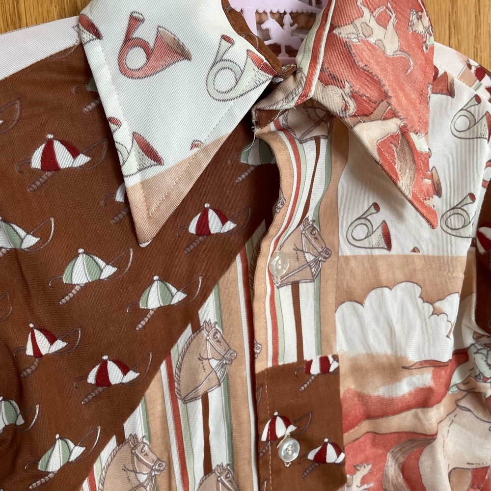 Vintage 70s Donmoor Youth Novelty Print Equestrian Patchwork Shirt Boys Vtg 5 - Picture 3 of 16